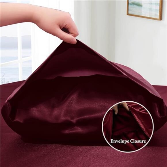 VACVELT 4pcs Burgundy Satin Sheets Queen Size Bed Set, 15 Inch Deep Pocket - Picture 6 of 8
